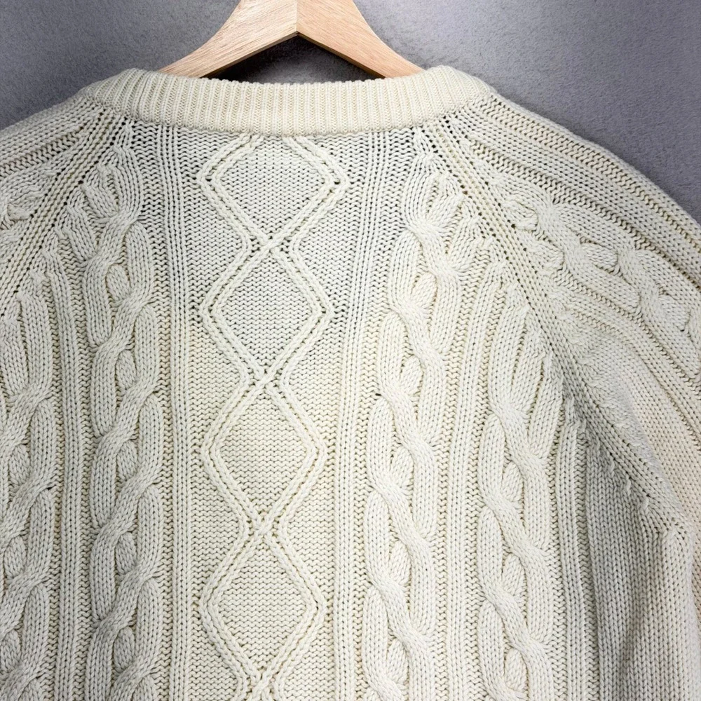 Vintage 80s Kinsport Cricket Sweater sz Large Cream‎ Fisherman V-Neck Cable Knit